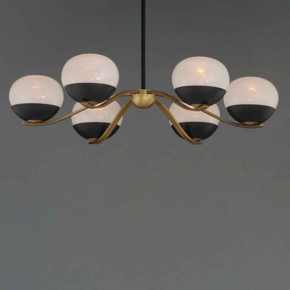 Maxim Lighting 24646MRBKNAB Lucerne 6 Light Chandelier close-up showing marble glass globes and curved brass arms on dark background
