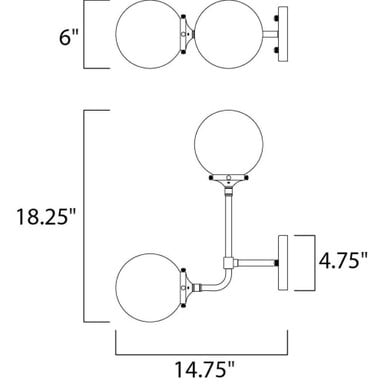 Maxim Lighting 24722WTBKPN Atom 2 Light Wall Sconce dimensions diagram - 18.25 inch height, 14.75 inch width, 4.75 inch depth