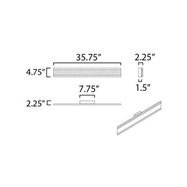 Dimension diagram for Maxim Lighting 24758FTBK Visor showing 35.75 inch length by 4.75 inch height