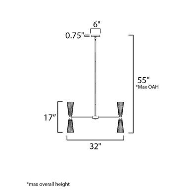 Maxim Lighting 24828SWBKNAB Krevat Chandelier dimensions diagram: 32 inch width, 17 inch body height, 55 inch max overall height, 6 inch canopy