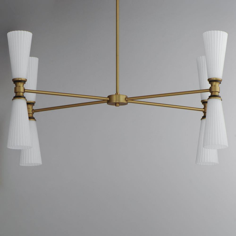 Maxim Lighting 24828SWBKNAB Krevat Chandelier hung view showing brass arms and satin white cone glass shades