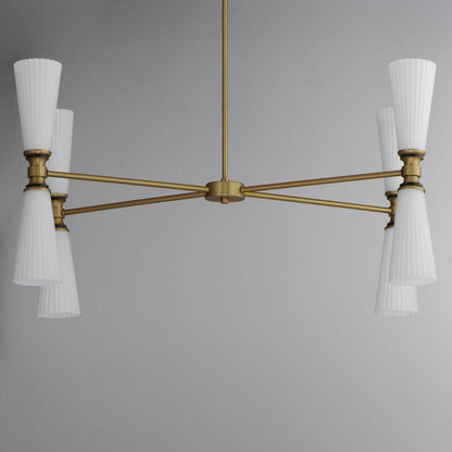 Maxim Lighting 24828SWBKNAB Krevat Chandelier hung view showing brass arms and satin white cone glass shades