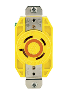 Leviton 24CM-30 20A, 480V 3-phase, NEMA L16-20r, 3p, 4w, Flush Mtg Locking Receptacle, Grounding, Corrosion-Resistant, Yellow