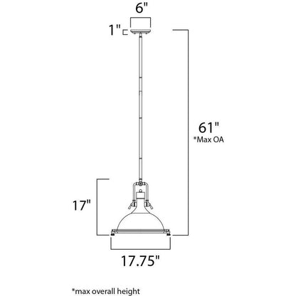 Maxim Lighting 25109FTBZ Hi Bay Pendant Dimensions - 17.75 inch wide, 17 inch height, 61 inch max overall height, 6 inch canopy