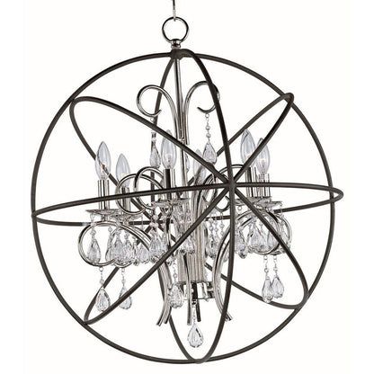 Maxim Lighting 25144OI Orbit 6 Light Chandelier angled studio shot with crystal drops and candle arms