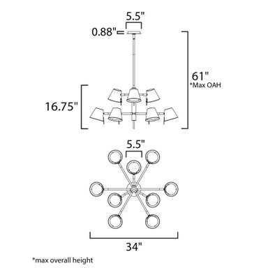 Maxim Lighting 25179DBZHR Carlo Chandelier specification diagram showing 34 inch diameter and 16.75 inch height