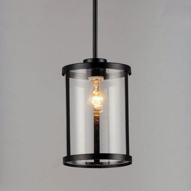 Maxim Lighting 25252CLBK Sentinel close-up angle view of Black cylinder pendant with clear glass shade