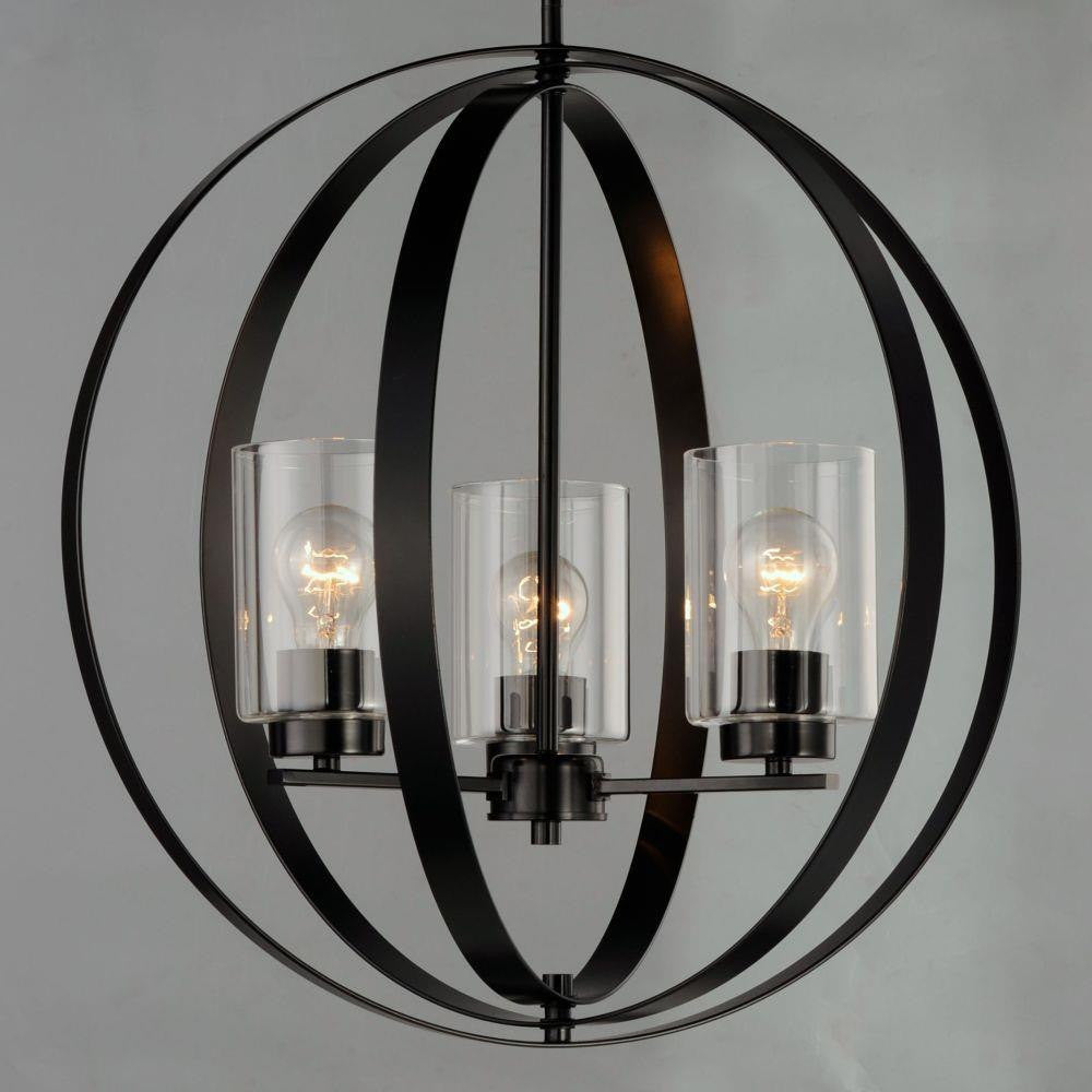 Maxim Lighting 25254CLBK Sentinel 3 Light Globe Pendant in Black finish with clear glass cylindrical shades close-up view