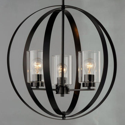 Maxim Lighting 25254CLBK Sentinel 3 Light Globe Pendant in Black finish with clear glass cylindrical shades close-up view