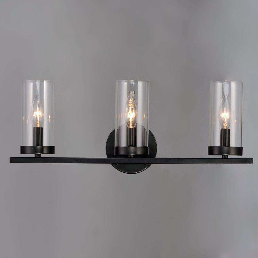 Maxim Lighting 25257CLBK Sentinel 3 Light Black Bath Vanity Wall Light - Front View on Gray Background