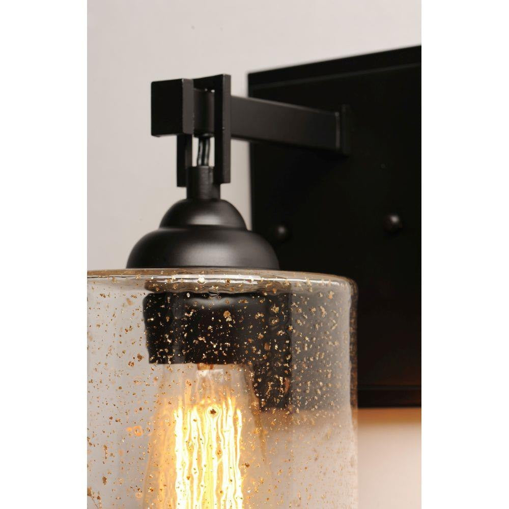 Maxim Lighting 25271SSBZ Stonehenge Wall Sconce close-up detail of rectangular arm and seeded glass shade with gold flecks