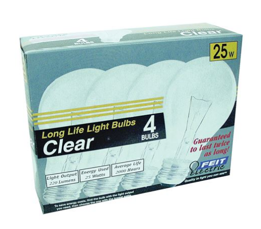 Feit Electric 25A/CL/4-130 Medium E26 Lamp Base Incandescent A19 Clear Light Bulb, Color Temperature 2700K, Wattage 25W, Voltage ‎130V- 30 Pack