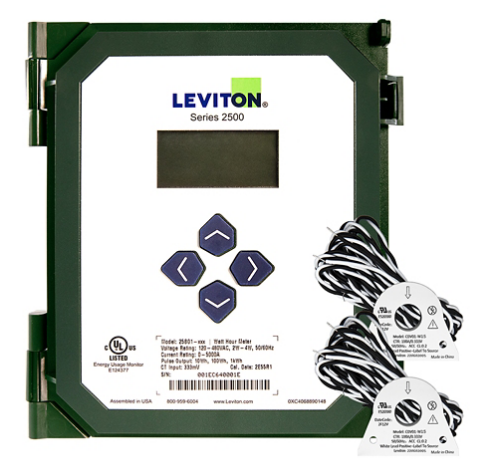 Leviton 25B01-A01 Submeter, 120/208V or 277/480V, 3-Phase Programmable, Pulse/Modbus with (2) 100A Solid Core CTs