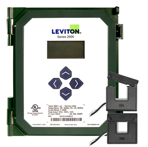 Leviton 25B01-B01 Submeter, 120/208V or 277/480V, 3-Phase Programmable, Pulse/Modbus with (2) 100A Split Core CTs