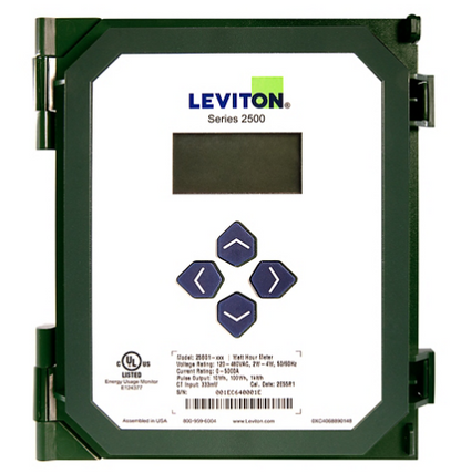 Leviton 25B01 VerifEye Series 2500 Submeter, 3-Phase Programmable Pulse/Modbus, 120/208V or 277/480V, 5A to 800A, compatible with solid core or split core current transformers.