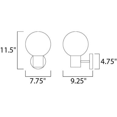 Maxim Lighting 26030SWSBRBK Vesper Wall Sconce dimension diagram 11.5 inch height 7.75 inch width 9.25 inch depth 4.75 inch backplate