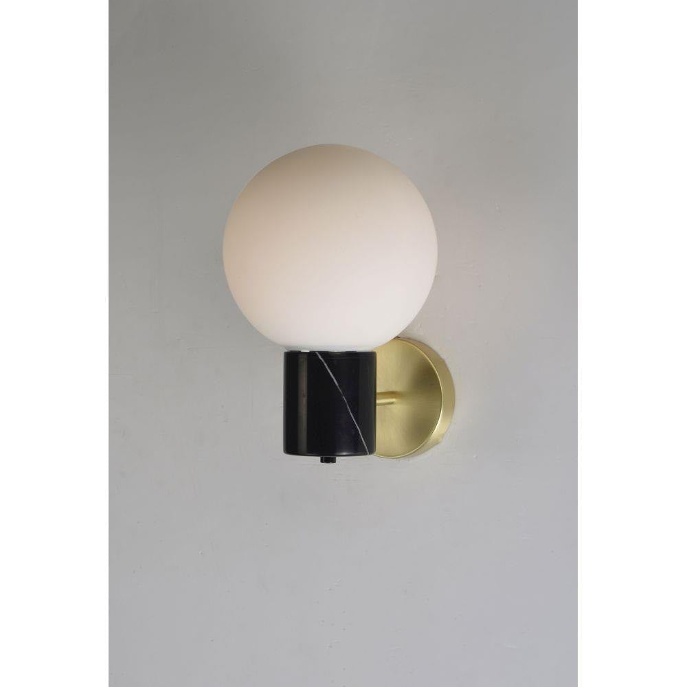 Maxim Lighting 26030SWSBRBK Vesper 1 Light Wall Sconce satin brass backplate black marble body white glass globe on light gray background