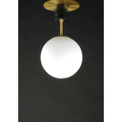 Maxim Lighting 26031SWSBRBK Vesper 1 Light Satin Brass Black Globe Semi-Flush Mount on dark background