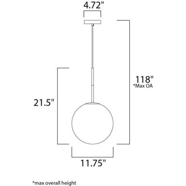 Maxim Lighting 26034SWSBRBK Vesper Pendant Dimension Diagram - 11.75 inch Width, 21.5 inch Height, 118 inch Max OA