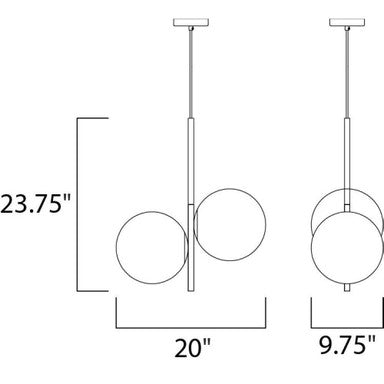 Dimension diagram for Maxim Lighting 26035SWSBRBK Vesper 2 Light Pendant showing 23.75 inch height, 20 inch and 9.75 inch width