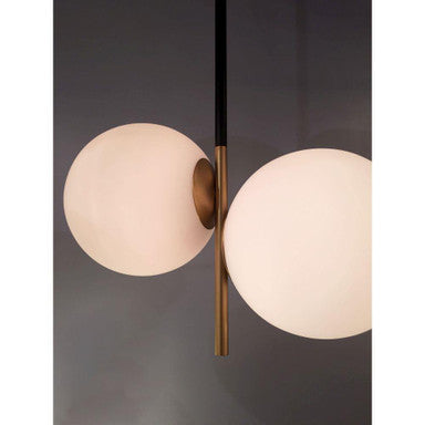 Maxim Lighting 26035SWSBRBK Vesper 2 Light Pendant close-up view showing satin brass rod with black accent and white glass globe shades
