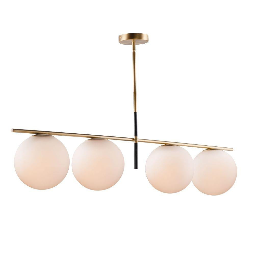 Maxim Lighting 26036SWSBRBK Vesper 4 Light Satin Brass Black Linear Pendant with Satin White Glass Globes on White Background