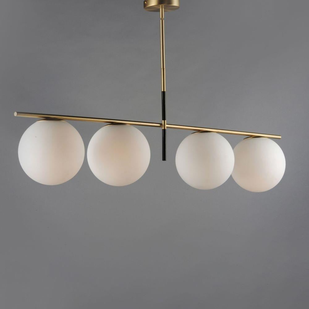 Maxim Lighting 26036SWSBRBK Vesper 4 Light Satin Brass Black Linear Pendant with Satin White Glass Globes Side Angle View