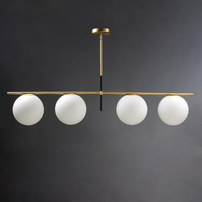Maxim Lighting 26036SWSBRBK Vesper 4 Light Satin Brass Black Linear Pendant with Satin White Glass Globes Front View Dark Background