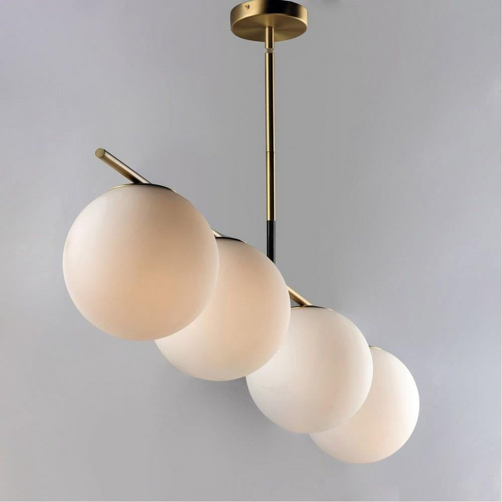 Maxim Lighting 26036SWSBRBK Vesper 4 Light Satin Brass Black Linear Pendant Close-Up Detail of Glass Globes