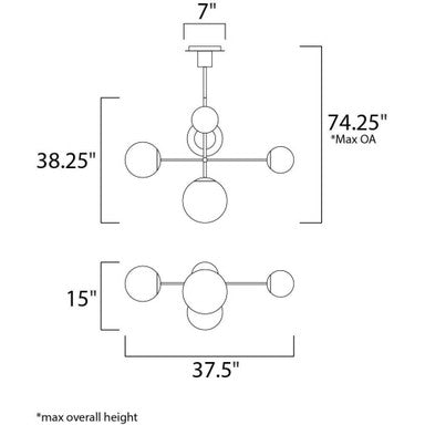 Maxim Lighting 26037SWSBRBK Vesper 5 Light Pendant dimension diagram showing 38.25 inch height, 37.5 inch width, and 74.25 inch max overall height