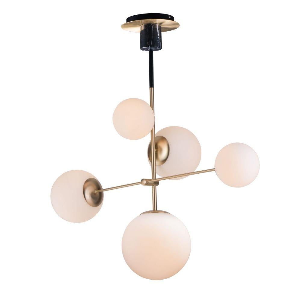 Maxim Lighting 26037SWSBRBK Vesper 5 Light Pendant in Satin Brass and Black with Satin White Globe Shades - White Background