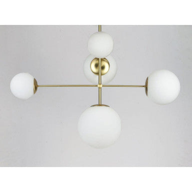 Maxim Lighting 26037SWSBRBK Vesper 5 Light Pendant close-up detail of satin brass arms and white globe shades