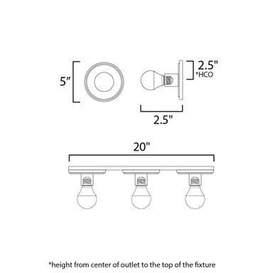 Maxim Lighting 26093WTBKPC Hollywood 3 Light Bath Vanity Wall Sconce - Dimension Diagram