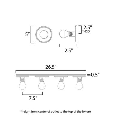 Maxim Lighting 26094WTBKPC Hollywood 4 Light Bath Vanity Wall Sconce - Dimension Diagram
