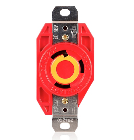 Leviton 2610-R 30 Amp, 125 Volt, NEMA L5-30R, 2P, 3W, Flush Mtg Locking Receptacle, Industrial Grade, Grounding, V-0-MAX - Red Finish