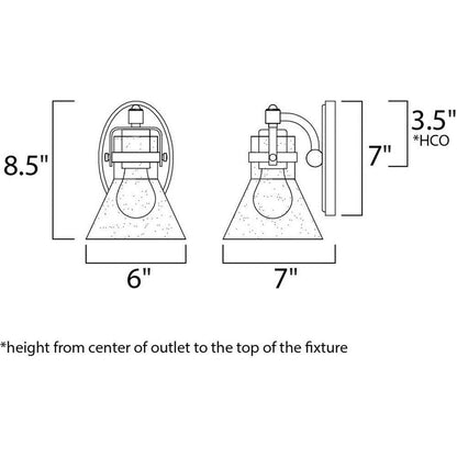 Maxim Lighting 26111CDPC Seafarer Wall Sconce dimension diagram showing 8.5 inch height, 6 inch width, and 7 inch depth