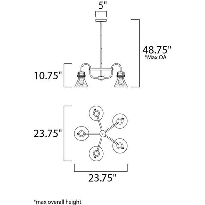 Maxim Lighting 26117CDOI/BUL Seafarer Chandelier Dimension Diagram - 23.75 inch Width, 10.75 inch Height, 48.75 inch Max Overall Height