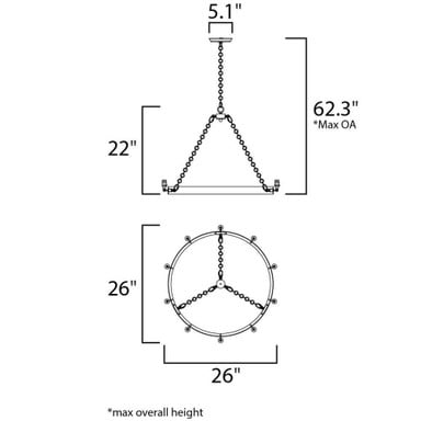Maxim Lighting 26273BKNAB Noble Chandelier Dimensions Diagram - 26 inch wide 22 inch high 62.3 inch max overall