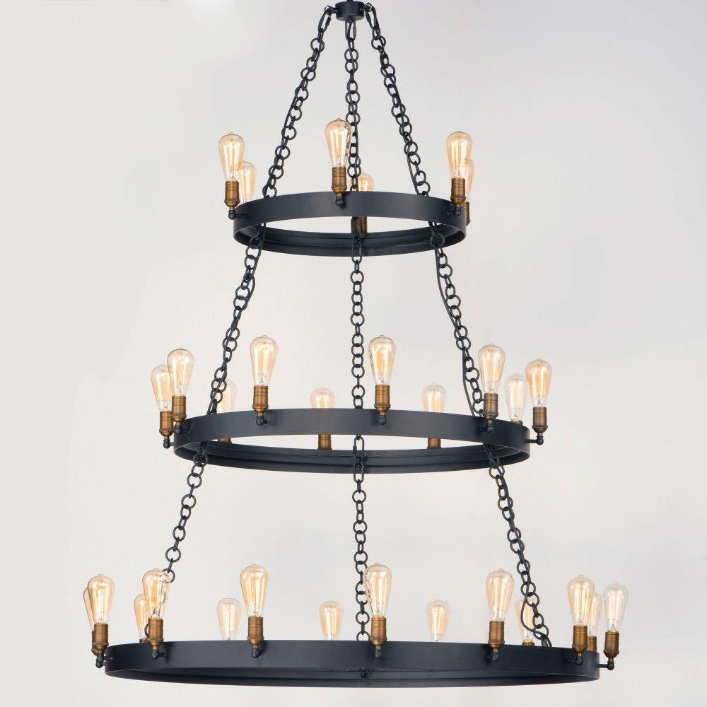 Maxim Lighting 26278BKNAB Noble 30 Light Black 3 Tier Chandelier angle view with Edison bulbs