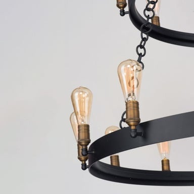 Maxim Lighting 26278BKNAB Noble Chandelier close-up detail of Natural Aged Brass sockets and black ring