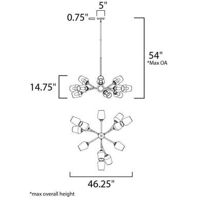 Maxim Lighting 26347CLABBK Savvy Chandelier dimensions diagram showing 46.25 inch width and 14.75 inch height
