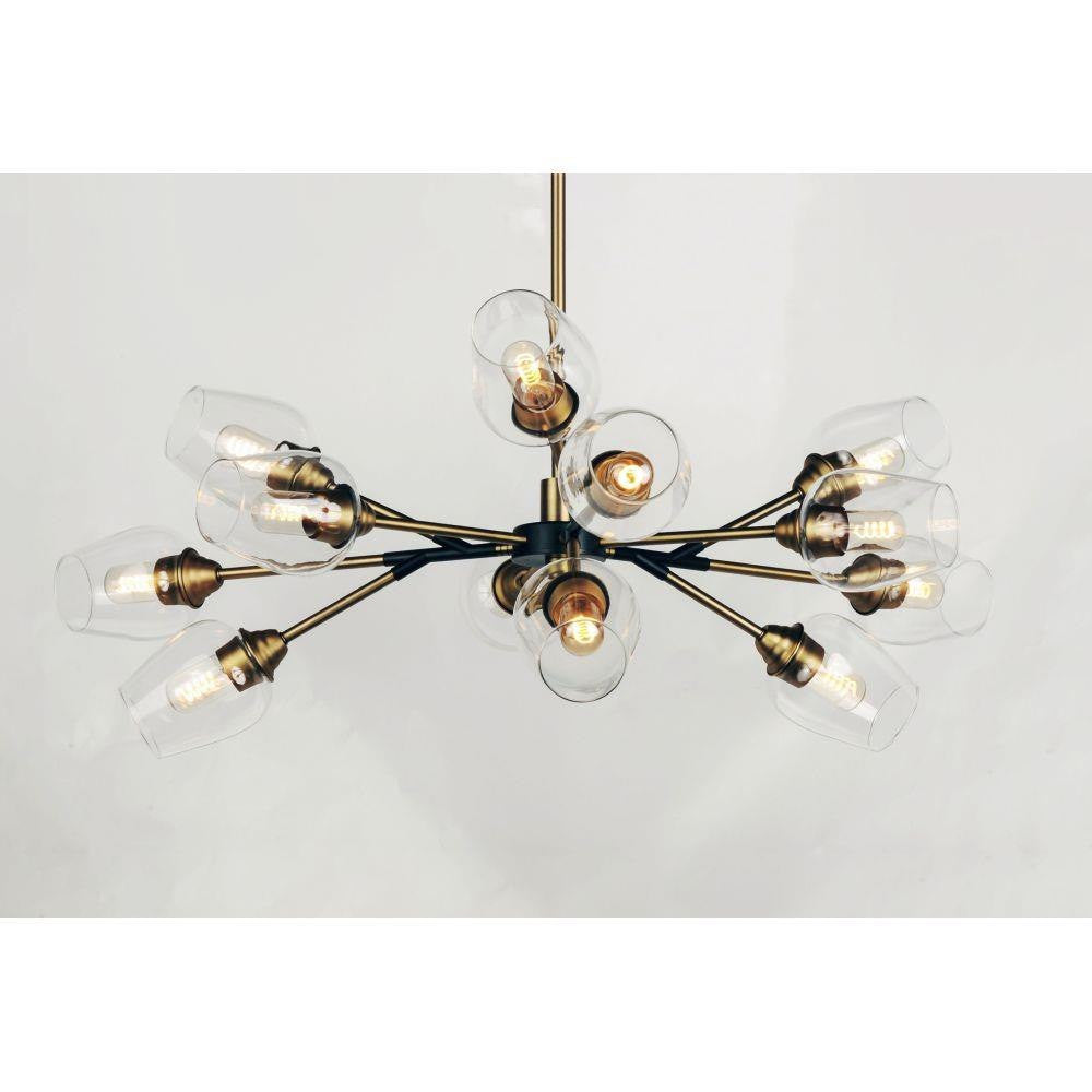 Maxim Lighting 26347CLABBK Savvy 12 Light Chandelier close-up angle view showing antique brass arms and clear glass shades