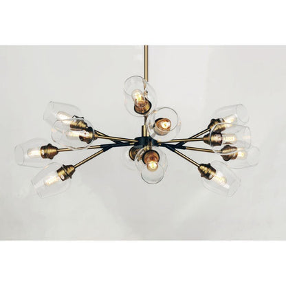 Maxim Lighting 26347CLABBK Savvy 12 Light Chandelier close-up angle view showing antique brass arms and clear glass shades