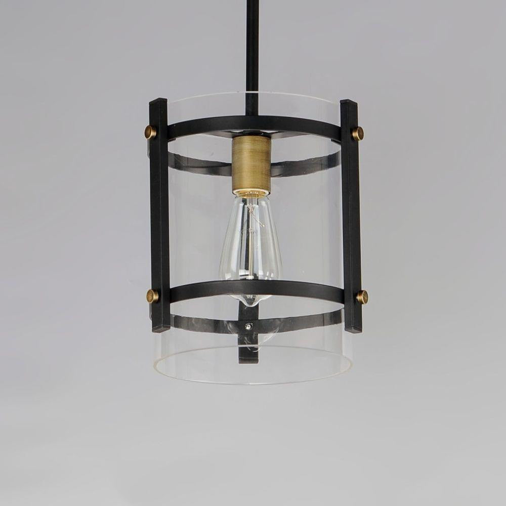 Maxim Lighting 2649BKAB Capitol Pendant - Angled Close-Up Showing Black Frame and Clear Cylinder Glass Shade