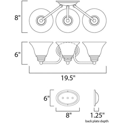 Maxim Lighting 2688MRSN Malaga 3 Light Bath Vanity Wall Light Dimensions Diagram