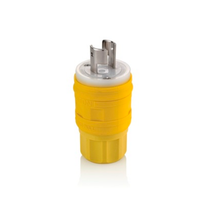 Leviton 26W07 20 Amp, 250 Volt, NEMA L2-20P, 2P, 2W, Plug, Locking Blade, Industrial Grade, Non-Grounding, Wetguard - YELLOW