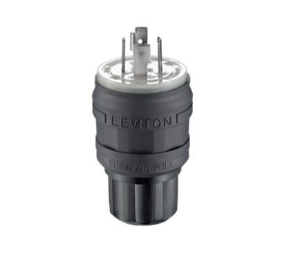 Leviton 26W09-B 20 Amp, 120/208 Volt 3-Phase Y, Non-NEMA, 4P, 4W, Locking Plug, Industrial Grade, Non-Grounding, Wetguard - Black
