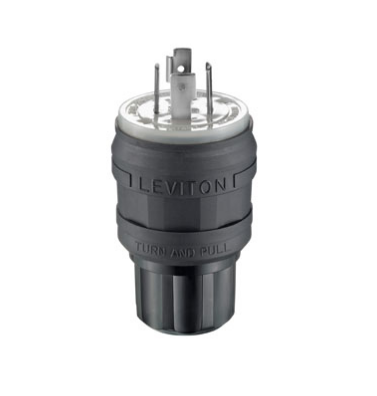 Leviton 26W75-B 20 Amp, 250 Volt 3-Phase, NEMA L15-20P, 3P, 4W, Locking Plug, Industrial Grade, Grounding, Wetguard - Black