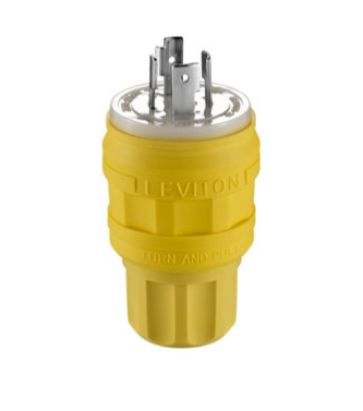 Leviton 26W75 20 Amp, 250 Volt 3-Phase, NEMA L15-20P, 3P, 4W, Locking Plug, Industrial Grade, Grounding, Wetguard - YELLOW