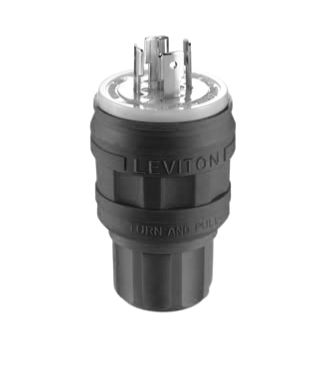 Leviton 26W82-B 20 Amp, 277/480 Volt 3-Phase Y, NEMA L22-20P, 4P, 5W, Locking Plug, Industrial Grade, Grounding, Wetguard - Black
